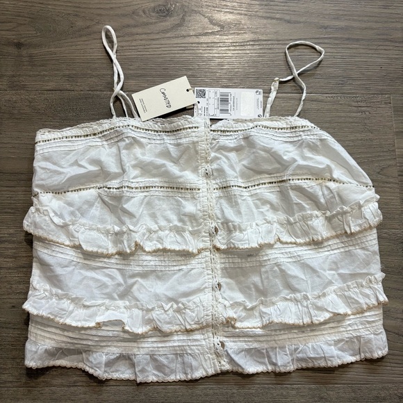 Mango MNG White Beaded Ruffle Tiered Cami Babydoll Milkmaid Button Front Sz L - Picture 4 of 10